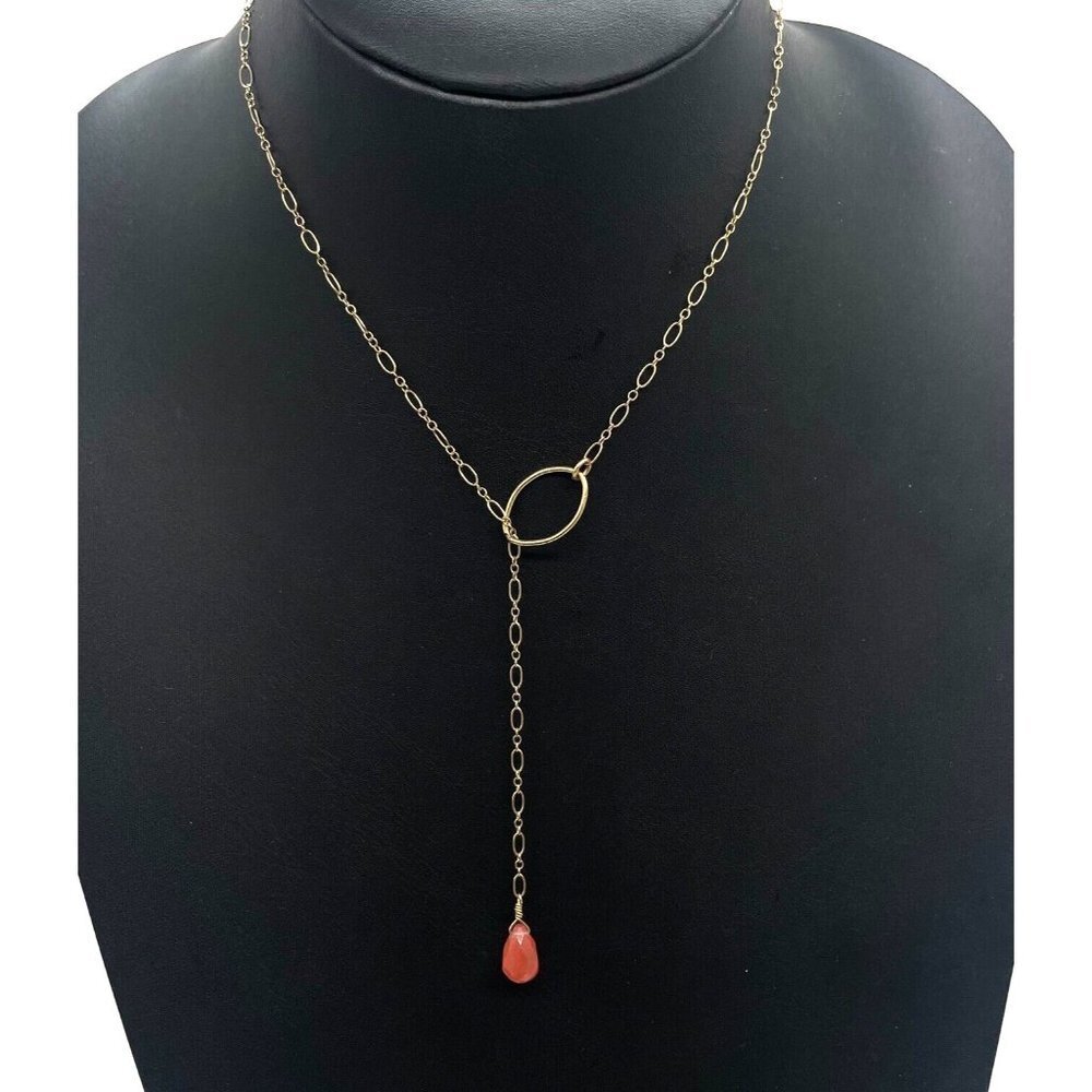 Rachel Abroms Orange Faceted Stone Y Drop Lariat Chain Necklace Gold Tone 19 In